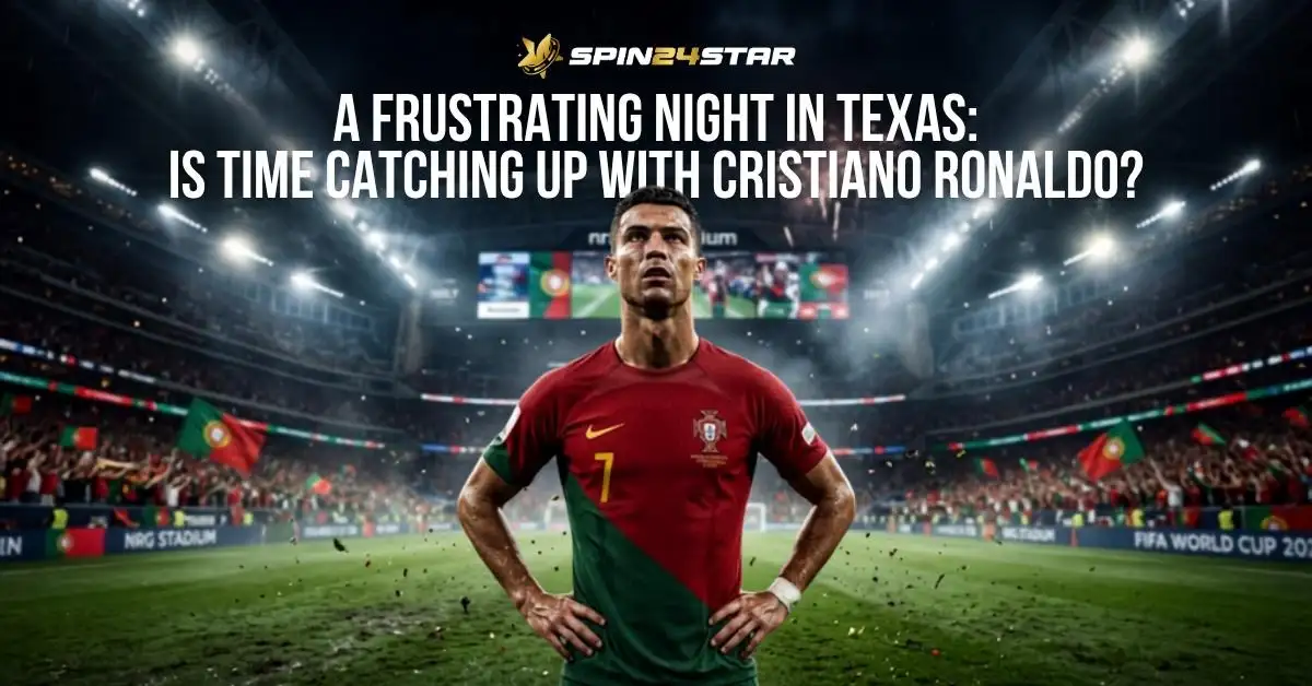 Cristiano Ronaldo standing on a stadium pitch in a Portugal jersey, looking upwards with hands on hips, beneath the spin24star logo and the text: "A FRUSTRATING NIGHT IN TEXAS: IS TIME CATCHING UP WITH CRISTIANO RONALDO?"