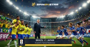 Spin24star digital graphic of a packed World Cup stadium, featuring Carlo Ancelotti presenting a tactical masterclass on a glowing board during a Brazil vs Japan soccer match.