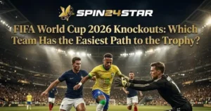 Cinematic sports news banner featuring soccer players in action on a stadium field, with the Spin24star logo at the top center and the gold headline "FIFA World Cup 2026 Knockouts: Which Team Has the Easiest Path to the Trophy?"