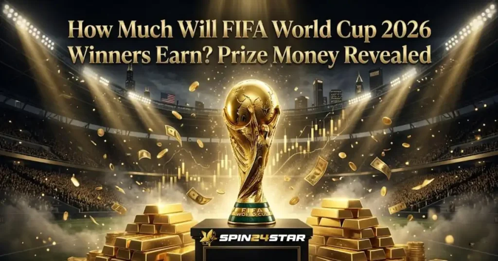 A glowing FIFA World Cup trophy rests on a black pedestal surrounded by stacks of gold bars, falling coins, and flying banknotes inside a brightly lit, packed stadium. Above the trophy, gold text reads "How Much Will FIFA World Cup 2026 Winners Earn? Prize Money Revealed," with the Spin24star logo at the bottom.