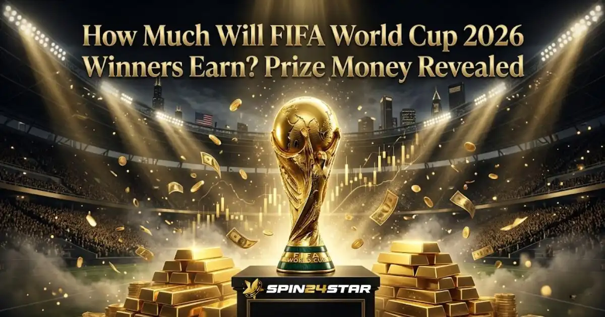 A glowing FIFA World Cup trophy rests on a black pedestal surrounded by stacks of gold bars, falling coins, and flying banknotes inside a brightly lit, packed stadium. Above the trophy, gold text reads "How Much Will FIFA World Cup 2026 Winners Earn? Prize Money Revealed," with the Spin24star logo at the bottom.