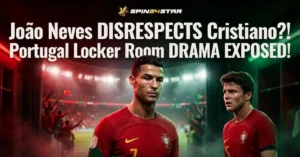 Cristiano Ronaldo and João Neves in Portugal gear with text overlay about alleged locker room drama, under the spin24star logo in image
