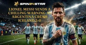 An intense-looking Lionel Messi in an Argentina jersey stands in the foreground of a packed stadium, while his teammates celebrate behind him. Large gold text reads "LIONEL MESSI SENDS A CHILLING WARNING AS ARGENTINA CRUSH ICELAND 3-0" below the Spin24star logo.