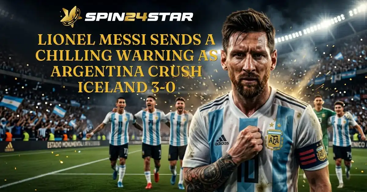 An intense-looking Lionel Messi in an Argentina jersey stands in the foreground of a packed stadium, while his teammates celebrate behind him. Large gold text reads "LIONEL MESSI SENDS A CHILLING WARNING AS ARGENTINA CRUSH ICELAND 3-0" below the Spin24star logo.