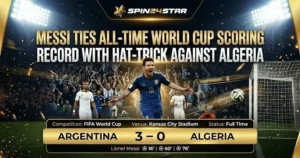 Spin24Star match graphic showing an Argentina player celebrating after a hat-trick in a FIFA World Cup match against Algeria, with a scoreboard displaying a 3–0 victory and a cheering crowd in the background.