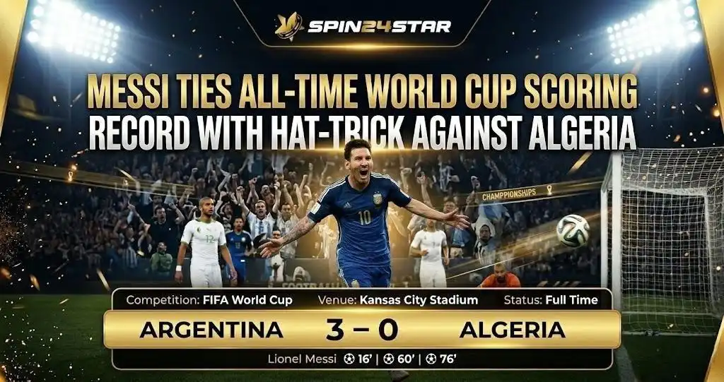 Spin24Star match graphic showing an Argentina player celebrating after a hat-trick in a FIFA World Cup match against Algeria, with a scoreboard displaying a 3–0 victory and a cheering crowd in the background.