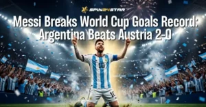 Lionel Messi celebrating on his knees in a packed stadium with falling confetti, featuring the Spin24star logo and overlay text stating "Messi Breaks World Cup Goals Record: Argentina Beats Austria 2-0".