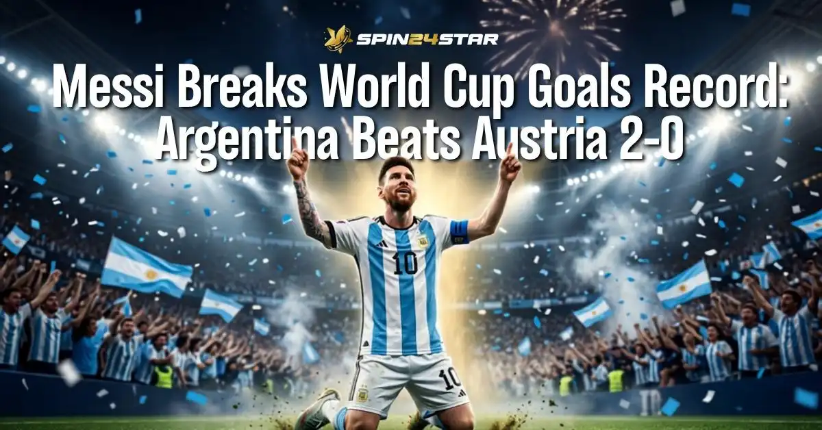 Lionel Messi celebrating on his knees in a packed stadium with falling confetti, featuring the Spin24star logo and overlay text stating "Messi Breaks World Cup Goals Record: Argentina Beats Austria 2-0".