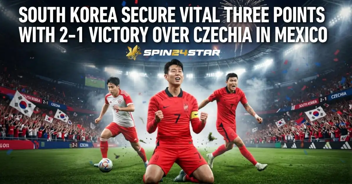 Image showing South Korea celebrating a 2-1 victory over Czechia in a packed stadium. Three South Korean players in red kits are featured prominently, with cheering fans, national flags, confetti, and bright stadium lights in the background. The headline highlights South Korea securing a crucial three points, with the Spin24star logo displayed at the center.