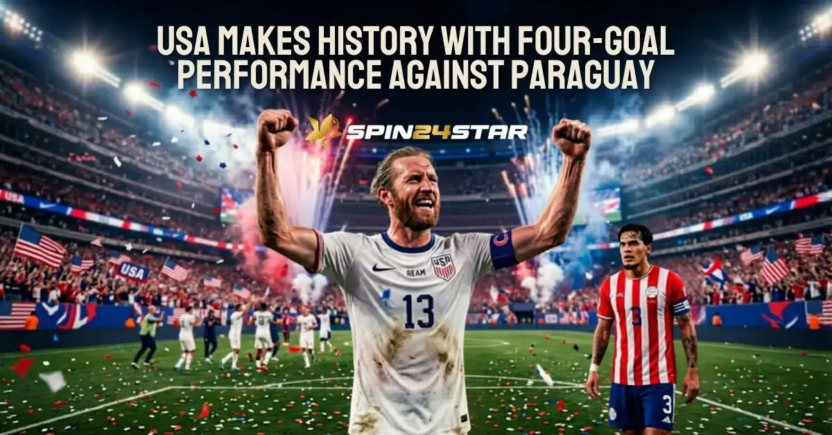 Promotional soccer graphic showing a U.S. player in a white jersey celebrating with raised fists in a packed stadium filled with fireworks, confetti, and American flags. A Paraguayan player stands in the foreground. Large headline text reads: “USA Makes History With Four-Goal Performance Against Paraguay,” with the Spin24Star logo displayed beneath.