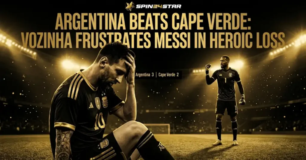 Spin24star graphic showing Argentina defeating Cape Verde 3-2, with a disappointed Messi sitting on the pitch while Cape Verde goalkeeper Vozinha celebrates after a heroic performance in a dramatic football match.