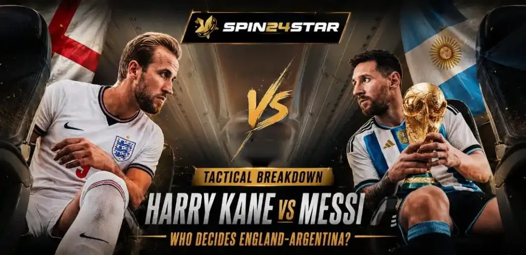 Spin24star featured banner showcasing the Harry Kane vs Messi tactical showdown before the England vs Argentina FIFA World Cup 2026 clash, highlighting strategic analysis, and football rivalry.