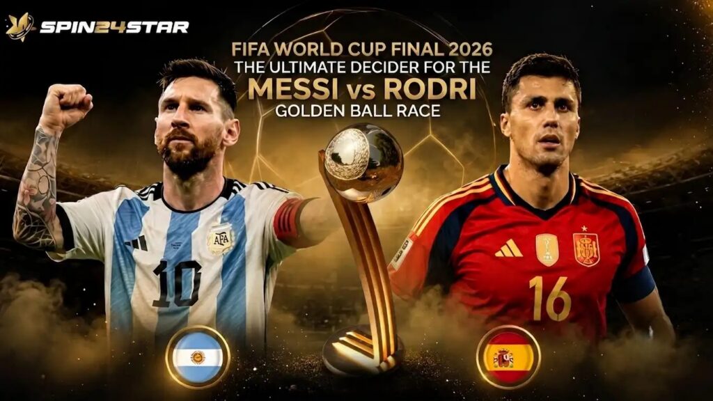 A Spin24star promotional graphic for the 2026 FIFA World Cup Final, featuring soccer players Lionel Messi and Rodri standing on opposite sides of the Golden Ball trophy against a lit stadium background.