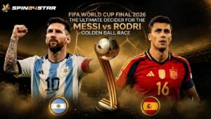 A Spin24star promotional graphic for the 2026 FIFA World Cup Final, featuring soccer players Lionel Messi and Rodri standing on opposite sides of the Golden Ball trophy against a lit stadium background.