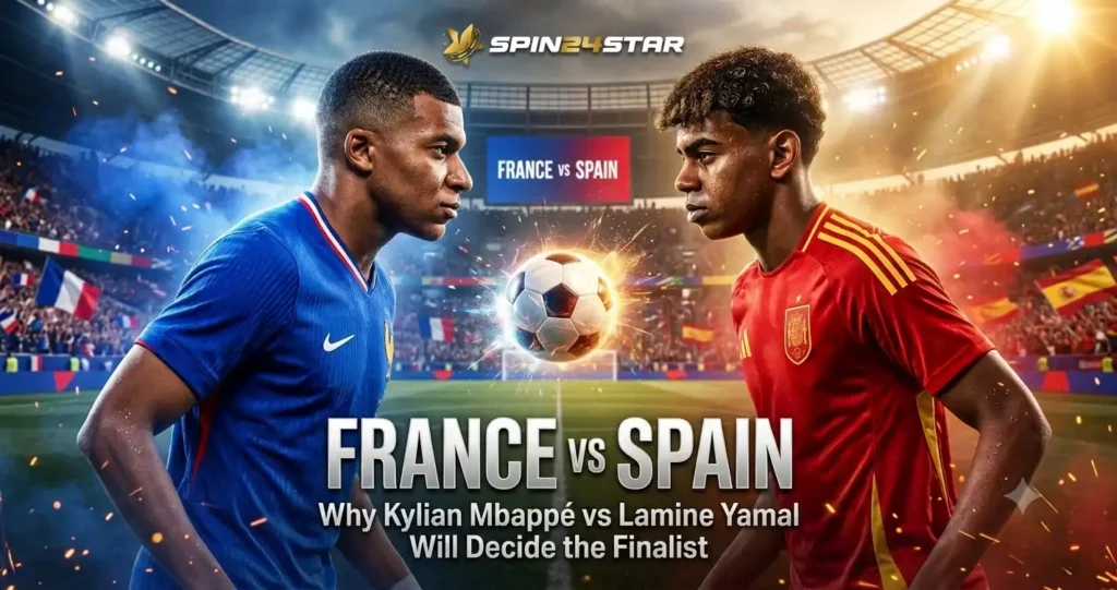Spin24star graphic showing football stars Kylian Mbappé and Lamine Yamal facing off before the France vs Spain match, with a glowing soccer ball.