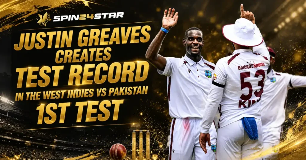 A Spin24star promotional graphic of Justin Greaves sets test record in West Indies vs Pakistan 1st Test - Spin24Star cricket coverage with players celebrating