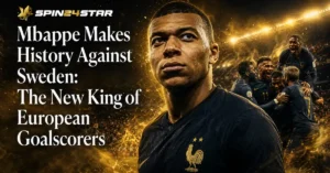 Promotional graphic for Spin24star featuring Kylian Mbappe looking victorious with the text "Mbappe Makes History Against Sweden: The New King of European Goalscorers."