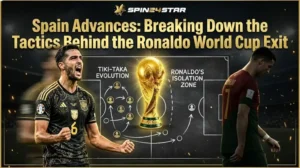 High-contrast sports thumbnail by Spin24star featuring Mikel Merino celebrating and Cristiano Ronaldo walking away in defeat, with a tactical chalkboard diagram and the FIFA World Cup trophy.