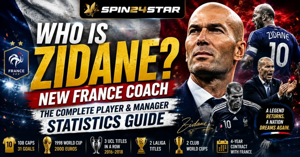 A Spin24star promotional Who Is Zidane, New France Coach? Spin24star featuring Zinedine Zidane's player and manager statistics, France national team visuals, and career achievements.