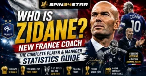 A Spin24star promotional Who Is Zidane, New France Coach? Spin24star featuring Zinedine Zidane's player and manager statistics, France national team visuals, and career achievements.