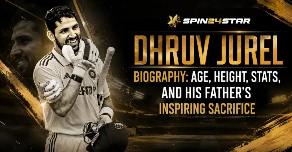 Dhruv Jurel biography poster by Spin24star featuring key details on his age, height, stats, and his father's inspiring sacrifice.