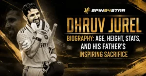 Dhruv Jurel biography poster by Spin24star featuring key details on his age, height, stats, and his father's inspiring sacrifice.