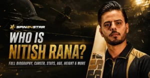 Nitish Rana holding a cricket bat next to text reading Who is Nitish Rana Full Biography Career Stats Age Height and More by Spin24Star.
