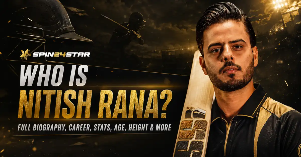 Nitish Rana holding a cricket bat next to text reading Who is Nitish Rana Full Biography Career Stats Age Height and More by Spin24Star.