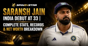 Indian cricketer Saransh Jain in a white jersey and blue cap featured on a graphic about his India debut at 33, stats, records, and net worth by Spin24star.