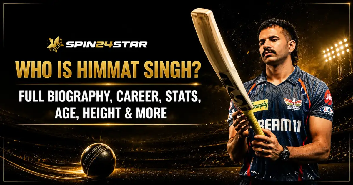 Cricketer Himmat Singh holding a bat under stadium lights with bold headline “Who is Himmat Singh? Full Biography, Career, Stats, Age, Height & More” and Spin24star logo at top.