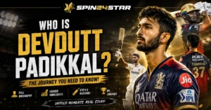 Devdutt Padikkal biography banner featuring his cricket journey, career highlights, stats, IPL journey and Test career with Spin24star branding.