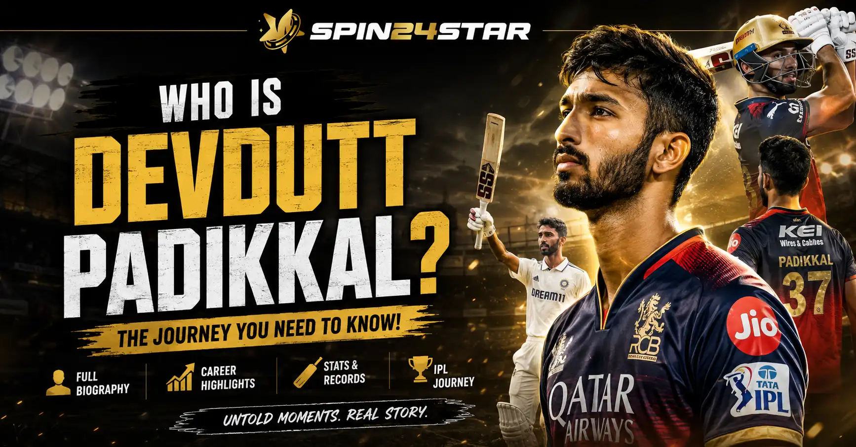 Devdutt Padikkal biography banner featuring his cricket journey, career highlights, stats, IPL journey and Test career with Spin24star branding.