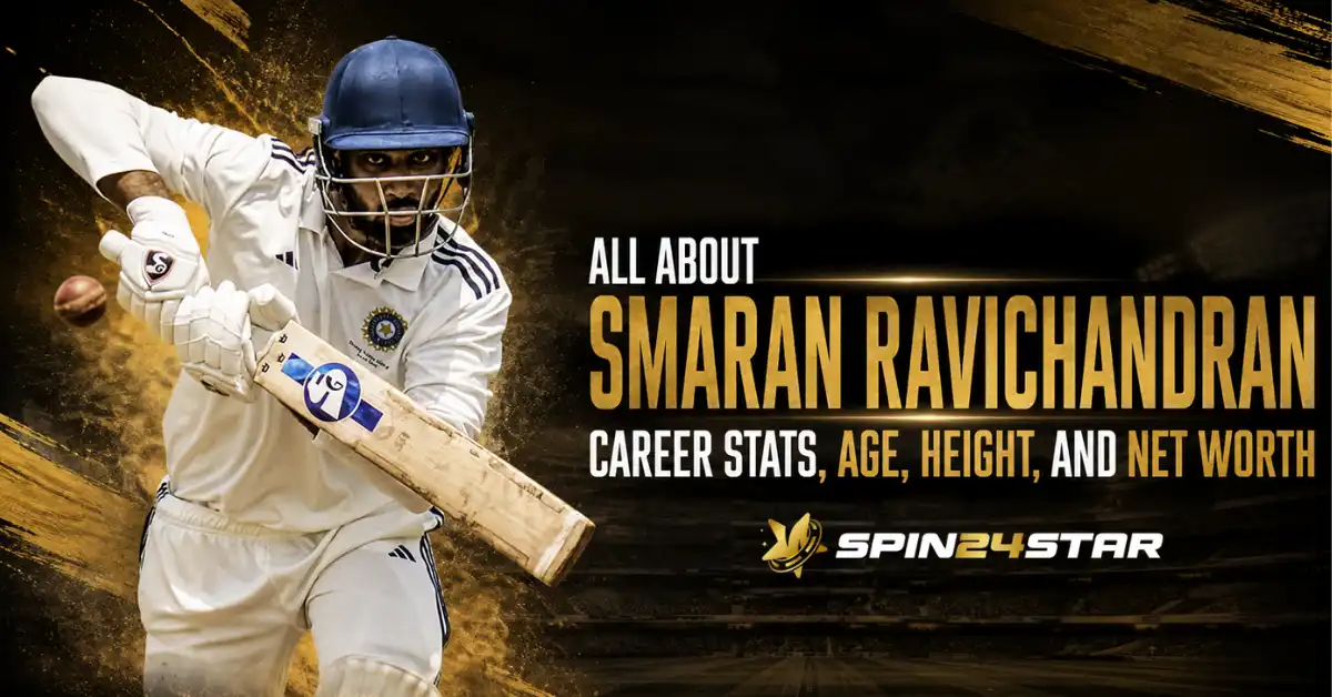 A dynamic Spin24star banner featuring cricketer Smaran Ravichandran in a batting stance, detailing his career stats, age, height, and net worth.