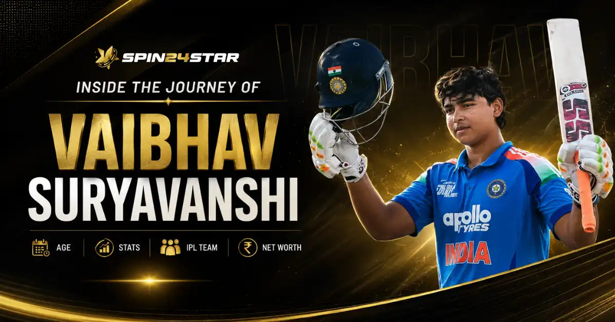 Spin24star promotional graphic featuring Indian cricketer Vaibhav Suryavanshi holding a bat and helmet, with text highlighting his age, stats, IPL team, and net worth.