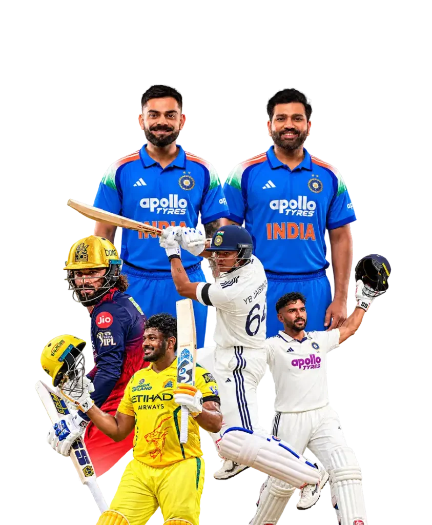 Collage of Indian cricket players including Virat Kohli, Rohit Sharma, Yashasvi Jaiswal, and Sanju Samson in Team India and IPL jerseys on Spin24Star.