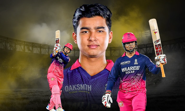 Portrait and batting action shots of young cricketer Vaibhav Suryavanshi in Rajasthan Royals IPL jersey on Spin24Star.