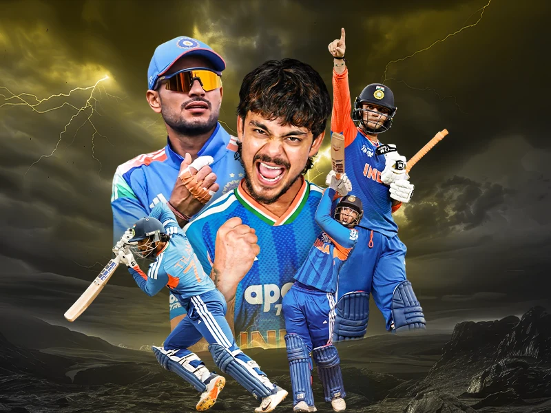 Action-packed collage of Indian cricketer Ishan Kishan celebrating and playing shot variations in Team India blue jersey against a stormy background on Spin24Star.