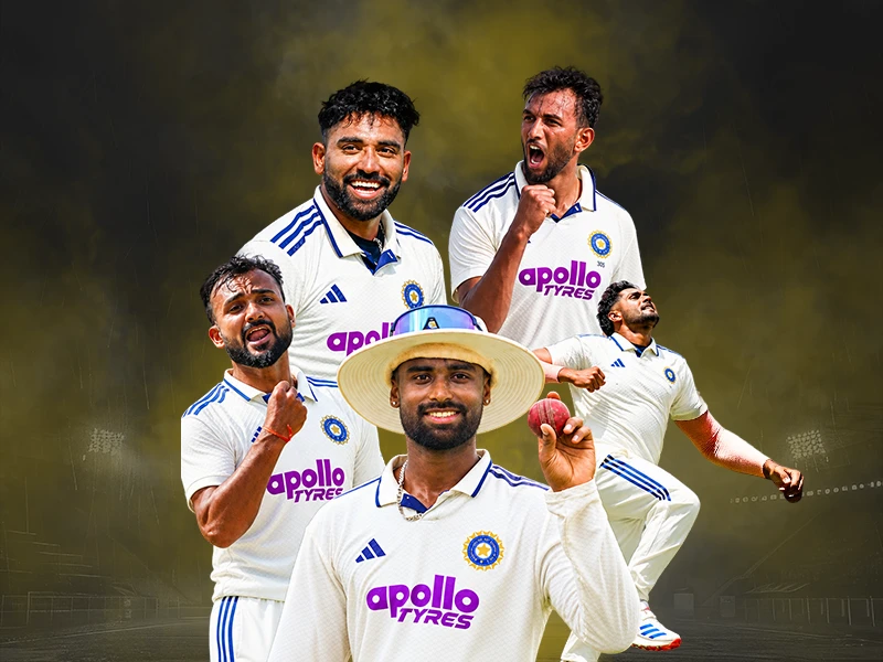 Collage of Indian Test cricketers including Mohammed Siraj, Akash Deep, and Prasidh Krishna celebrating and bowling in white Test jerseys on Spin24Star.