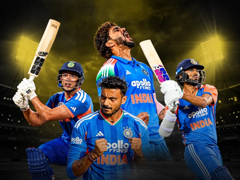 Action collage of Indian cricketers including Axar Patel and Nitish Kumar Reddy batting and celebrating in Team India blue jerseys on Spin24Star.