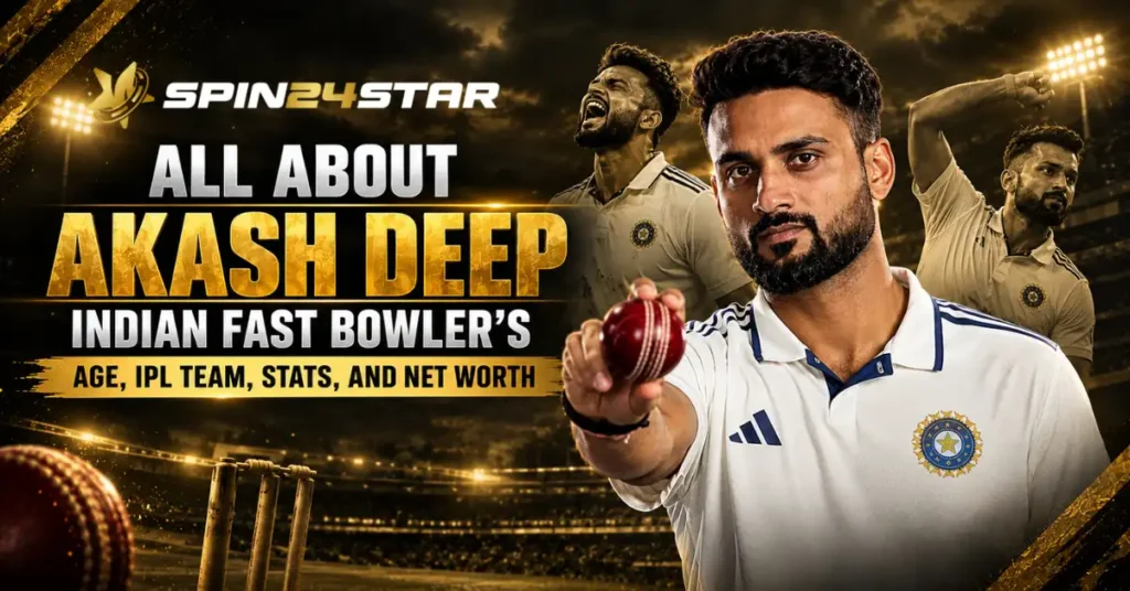 Indian fast bowler Akash Deep holding a cricket ball, featured on a graphic titled "All About Akash Deep.
