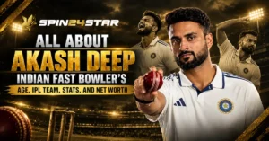 Indian fast bowler Akash Deep holding a cricket ball, featured on a graphic titled "All About Akash Deep.