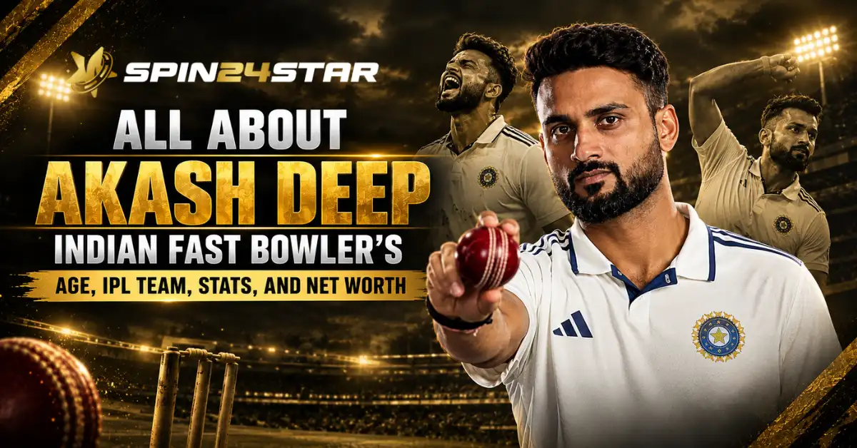 Indian fast bowler Akash Deep holding a cricket ball, featured on a graphic titled "All About Akash Deep.