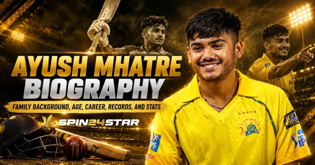 Ayush Mhatre biography banner featuring the young cricketer in a yellow jersey.