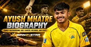 Ayush Mhatre biography banner featuring the young cricketer in a yellow jersey.