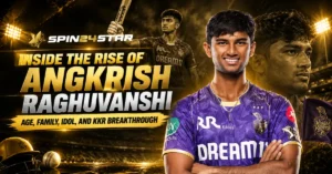 Angkrish Raghuvanshi in a purple KKR jersey featured in a cricket biography banner.