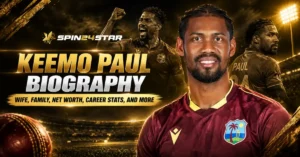 Spin24star graphic featuring West Indies cricketer Keemo Paul titled "Keemo Paul Biography".