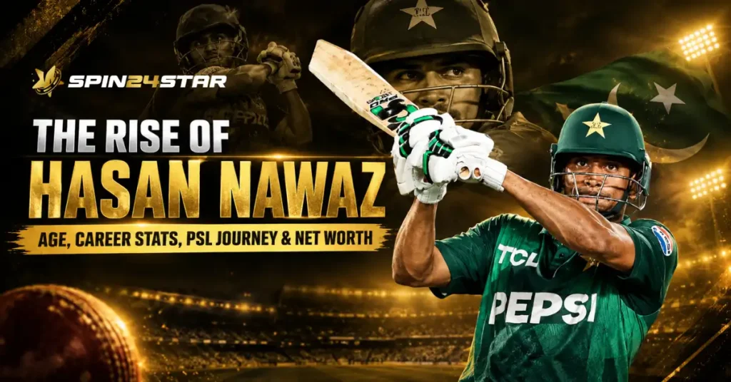 Spin24star promotional banner featuring Pakistani cricketer Hasan Nawaz batting, titled "The Rise of Hasan Nawaz," highlighting his age, career stats, PSL journey, and net worth.